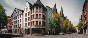 Ein ansprechendes Bild von Bayenthal, Köln, das malerische Straßen und eine Mischung aus historischen und modernen Gebäuden zeigt.