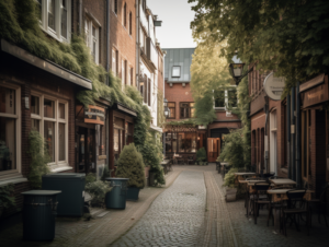 Das Bild zeigt eine schmale Straße in der historischen Altstadt von Bergedorf in Hamburg, mit mehreren Cafés und Restaurants an den Seiten der Straße. Bergedorf ist ein be zaubernder Stadtteil im Osten von Hamburg, der eine perfekte Mischung aus modernen und historischen Elementen bietet.