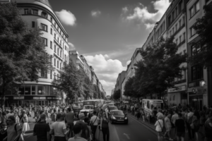 Bildbeschreibung: Eine belebte Straße in Berlin mit hohen Gebäuden auf beiden Seiten. Autos und Fahrräder fahren vorbei, und Fußgänger gehen auf dem Gehweg. Die Straße ist voller Menschen, und es gibt Geschäfte, Restaurants und Cafés entlang des Weges.