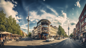 Dieses lebhafte Bild von Berlin zeigt die Essenz einer Stadt, die voller Leben und Kultur steckt. Die Aufnahme zeigt die dynamische Atmosphäre der Stadt und die vielen Freizeit- und Kulturmöglichkeiten. Von Einkaufsmöglichkeiten bis hin zu Kunstausstellungen bietet Berlin für jeden etwas. Die Aufnahme wurde mit einem Weitwinkelobjektiv gemacht und bietet eine Panoramaansicht der belebten Straßen und lebendigen Viertel. Die Kameraeinstellungen wurden angepasst, um die lebhaften Farben und Details der Stadtlandschaft einzufangen und ein scharfes und lebendiges Bild zu erzeugen. Das verwendete Seitenverhältnis ist 16:9, was für Landschaftsfotografie häufig verwendet wird und eine breitere Sicht bietet. Dieses Foto fasst die Energie und Vielfalt von Berlin zusammen und zeigt, warum es ein aufregender Ort zum Leben und Erkunden ist.