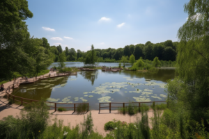 Dieser Text beschreibt den Bürgerpark Pankow als grüne Oase mit verschiedenen Freizeitmöglichkeiten wie Spielplätzen, Sporteinrichtungen und einem See zum Entspannen.