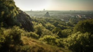 Das Bild zeigt die malerische Landschaft von Blumenberg, einem Unterbezirk von Chorweiler-Nord in Köln, der eine atemberaubende Aussicht auf die Umgebung und zahlreiche Wanderwege durch die Natur bietet. Die Landschaft verfügt über üppiges Grün und eine friedliche Atmosphäre, was sie zu einem perfekten Ziel für Natur- und Wanderliebhaber macht.