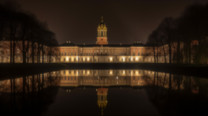 Ein Stadtbild von Charlottenburg mit mehreren Häusern und Bäumen im Vordergrund.