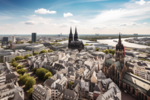 Das Bild zeigt die belebte Skyline von Köln mit hohen Gebäuden und geschäftigen Straßen. Die Stadt ist die Heimat von über einer Million Menschen und bietet eine Vielzahl von Optionen zum Mieten oder Kaufen von Immobilien. Die Eignung jedes Stadtteils zum Mieten oder Kaufen hängt von verschiedenen Faktoren ab. Ob man ein Haus oder eine Wohnung sucht, es gibt zahlreiche Immobilienmakler in Kölns verschiedenen Stadtteilen, die bei der Suche helfen können. Die Stadt bietet nicht nur reiche kulturelle und Freizeitaktivitäten, sondern auch eine Vielzahl attraktiver Immobilienoptionen, ob im Herzen der Stadt oder am Stadtrand.