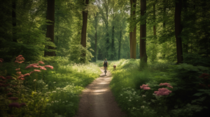 Das Bild zeigt einen Radfahrer, der durch den Dahlgrün-Park fährt, ein malerisches Ziel in Hamburg-Rissen mit malerischen Wegen. Der Park verfügt über üppiges Grün, hohe Bäume und eine friedliche Atmosphäre und ist damit ein perfekter Ort für gemütliche Fahrradtouren oder Spaziergänge. Der Radfahrer ist von Natur umgeben und hat einen Blick auf die Flora und Fauna des Parks.