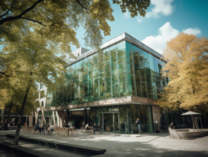 Das Bild zeigt die Außenansicht des Einstein Kulturhauses, eines bekannten Kulturzentrums in Englschalking, München. Das Gebäude hat ein modernes Design mit großen Glasfenstern, die das Innere mit natürlichem Licht durchfluten. Vor dem Gebäude gibt es einen kleinen Platz mit Bäumen und Bänken, wo man sich entspannen kann. Das Bild fängt die moderne und lebhafte Atmosphäre des Kulturzentrums ein.