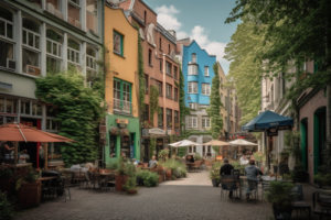 Eine charmante Straße im Eppendorf Viertel von Hamburg mit bunten Gebäuden, die Cafés, Restaurants und Geschäfte beherbergen. Menschen sind auf der Straße zu sehen und sitzen vor den Cafés.