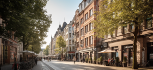Eine lebhafte Hamburger Bahrenfeld-Stadtszene mit einer Mischung aus historischen und modernen Gebäuden, von Bäumen gesäumten Straßen und Menschen, die die Atmosphäre des Viertels genießen.