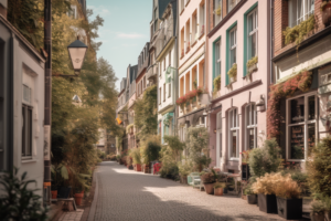 Das Bild zeigt eine charmante Straße in Hamburg-Rissen mit Reihen von bunten Häusern und kleinen Geschäften. Der Stadtteil hat eine reiche Geschichte und vielfältige Architektur und ist damit ein attraktiver Ort für Käufer, Verkäufer und Immobilienmakler, die ein Haus oder eine Wohnung kaufen oder mieten möchten. Dieser Leitfaden bietet wertvolle Informationen über den lokalen Immobilienmarkt, um fundierte Entscheidungen zu treffen und das beste Angebot zu erhalten.