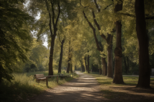 Das Bild zeigt den Kulturpark Ost, einen großen Park in München, der sich ideal für gemütliche Spaziergänge oder sportliche Aktivitäten eignet. Der Park verfügt über üppiges Grün, eine Laufstrecke und mehrere Sportplätze. In der Ferne gibt es hohe Bäume, die Schatten spenden und zur friedlichen Atmosphäre des Parks beitragen.
