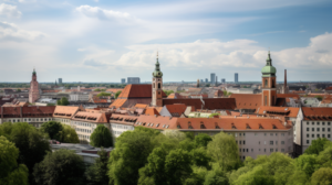  Das Bild zeigt eine Panoramaansicht von München, einer pulsierenden Stadt mit hohen Gebäuden und Grünflächen. Im Vordergrund gibt es einige traditionelle Gebäude mit roten Dächern. Im Hintergrund gibt es moderne Wolkenkratzer und die berühmte Frauenkirche. Das Bild vermittelt die Vielfalt der Wohnoptionen in München, von traditionell bis modern.
