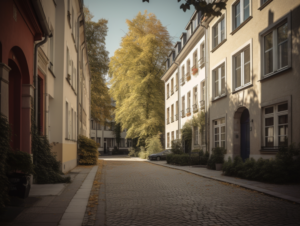Das Bild zeigt eine ruhige Wohnstraße im Stadtteil Obergiesing-Fasangarten in München. Mit zahlreichen Immobilienmaklern vor Ort bietet dieser Stadtteil viele Optionen für diejenigen, die ein neues Zuhause suchen, unabhängig von ihren Vorlieben.