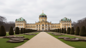 Ein Blick auf Schloss Charlottenburg von außen. Das Schloss hat eine symmetrische Struktur mit einer zentralen Kuppel und zwei Flügeln auf beiden Seiten. Das Schloss ist von einem gepflegten Garten umgeben, der mit Springbrunnen, Skulpturen und Blumen geschmückt ist.