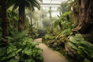Dieses Foto zeigt einen der 20 Themengärten des Botanischen Gartens Berlin-Dahlem. Der Garten ist ein Paradies für Pflanzenliebhaber und umfasst eine beeindruckende Sammlung von exotischen Pflanzenarten aus aller Welt. Von Kakteen und Sukkulenten bis hin zu tropischen Blumen und Bäumen gibt es hier viel zu entdecken. Besucher können eine Weltreise unternehmen und in jedem Garten eine neue botanische Schönheit entdecken.